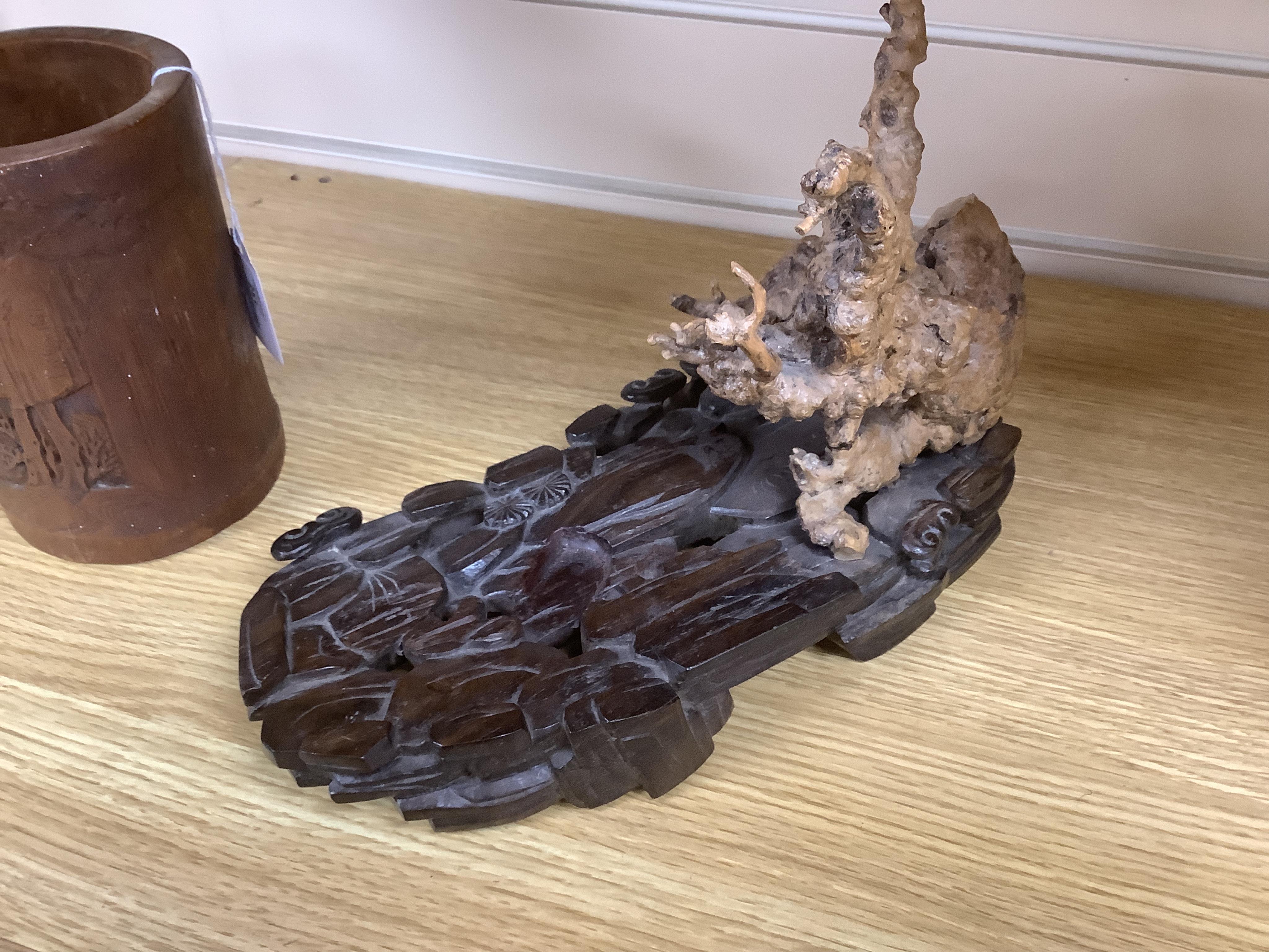 A 19th century Chinese bamboo brushpot and a rootwood and rosewood scholar's stand, root wood stand 30cm wide. Condition - some damage and repairs